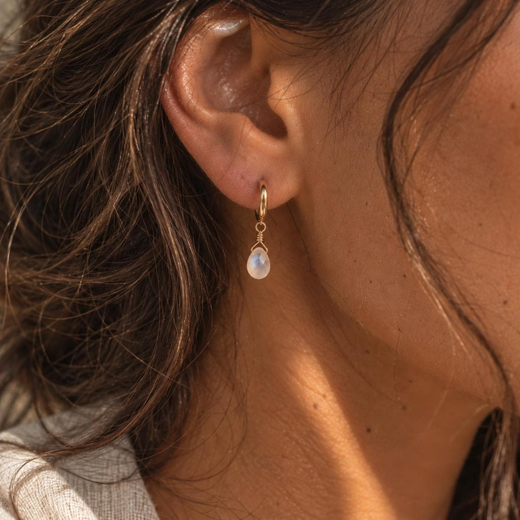 Moonstone Teardrop Huggie Earrings | Natural Gemstone Gold Hoops | Dainty Moonstone Drop Earrings | June Birthstone Jewelry