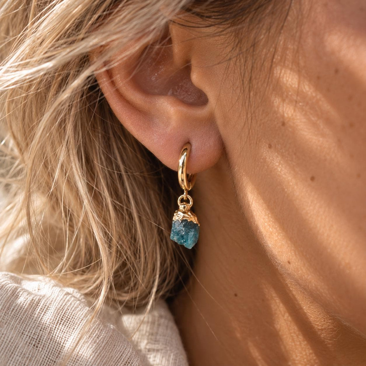 Raw Apatite Huggie Earrings | Blue Gemstone Earrings | Gold Huggie Hoops | Dainty Apatite Earrings | Raw Crystal Earrings