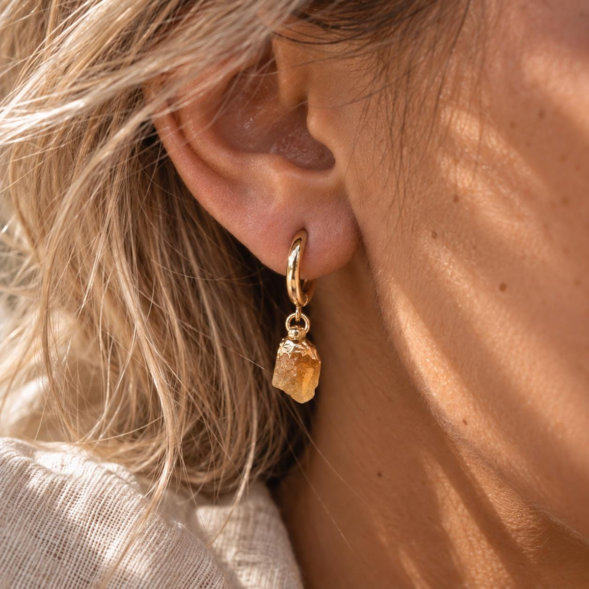 Raw Citrine Huggie Earrings | November Birthstone Earrings | Gold or Silver Huggie Hoops | Dainty Citrine Gemstone Earrings
