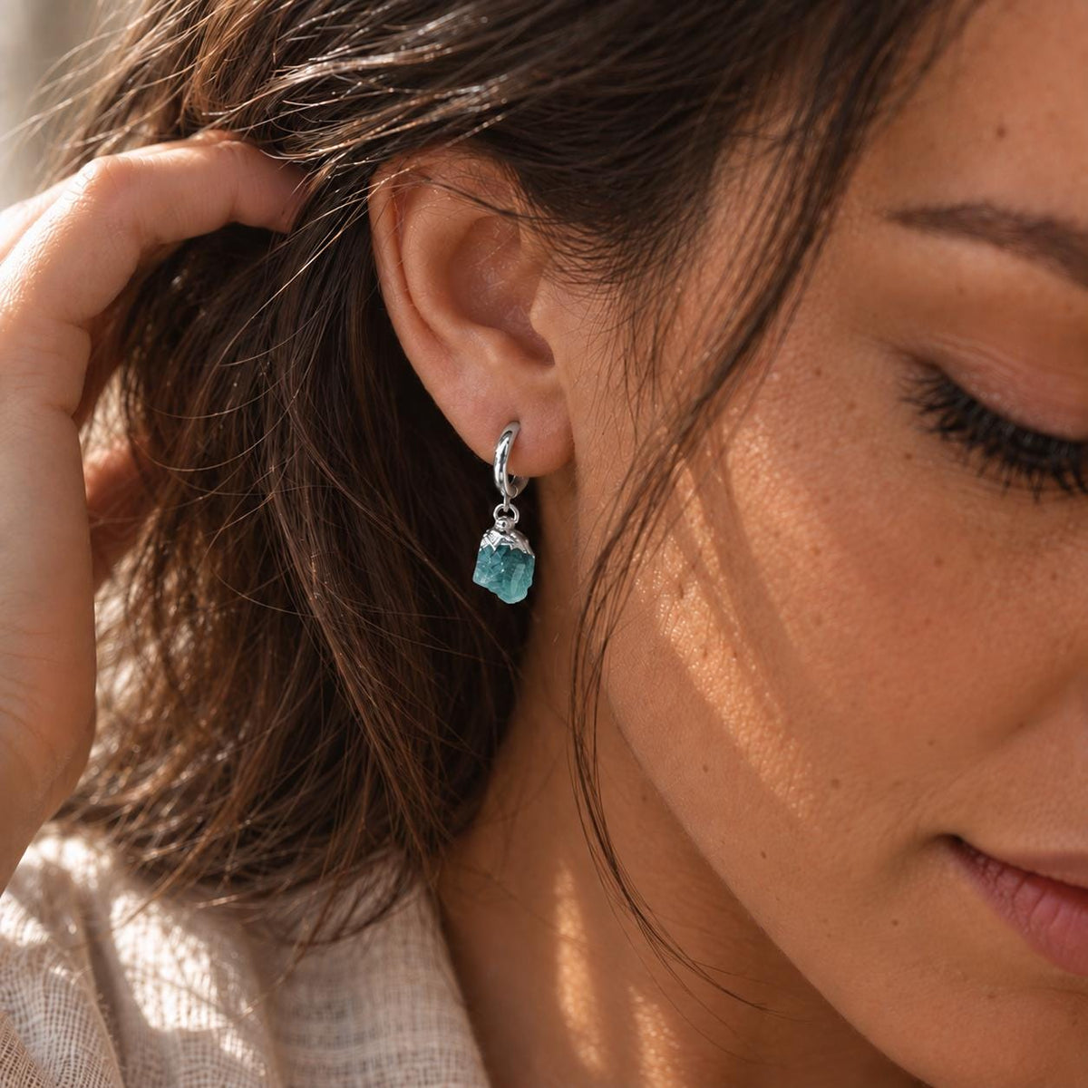 Raw Apatite Huggie Earrings | Blue Gemstone Earrings | Gold Huggie Hoops | Dainty Apatite Earrings | Raw Crystal Earrings