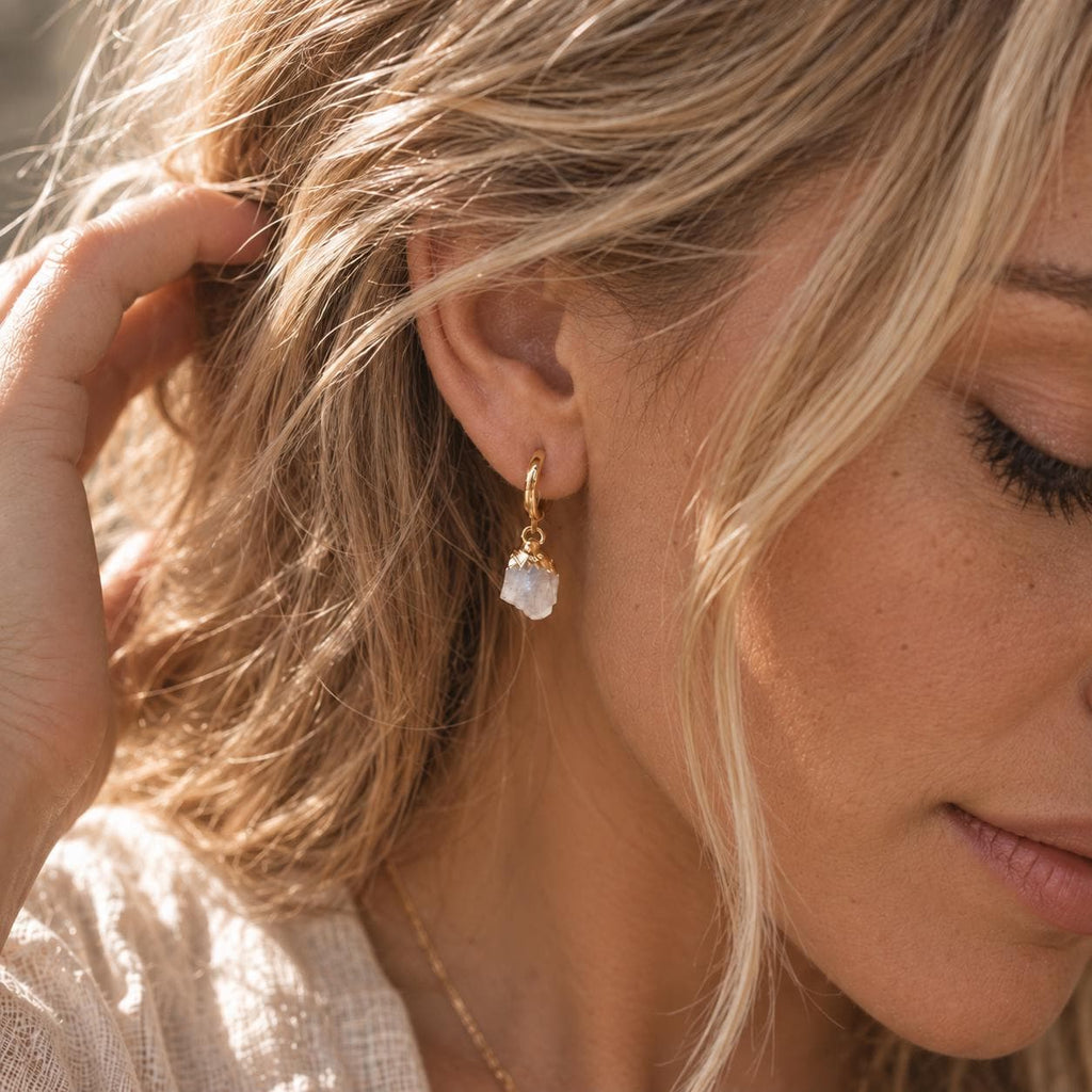 Raw Moonstone Huggie Earrings | June Birthstone Earrings | Gold or Silver Huggie Hoops | Moonstone Earrings | Dainty Gemstone Earrings