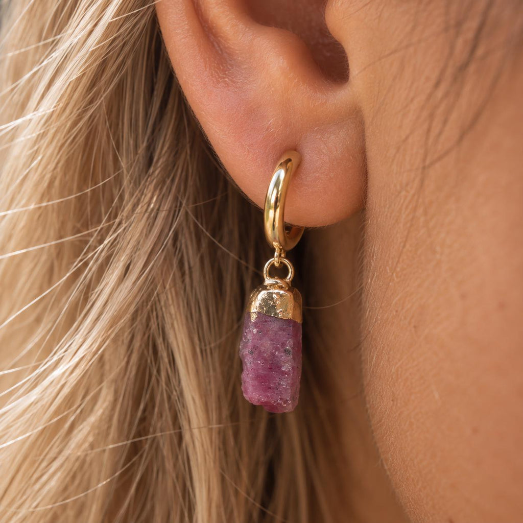 Raw Ruby Huggie Earrings | July Birthstone Earrings | Gold or Silver Huggie Hoops | Natural Ruby Earrings | Dainty Gemstone Earrings