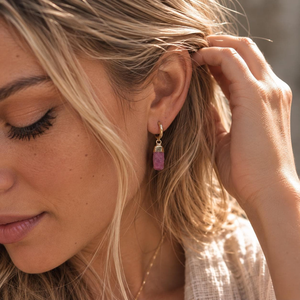 Raw Ruby Huggie Earrings | July Birthstone Earrings | Gold or Silver Huggie Hoops | Natural Ruby Earrings | Dainty Gemstone Earrings