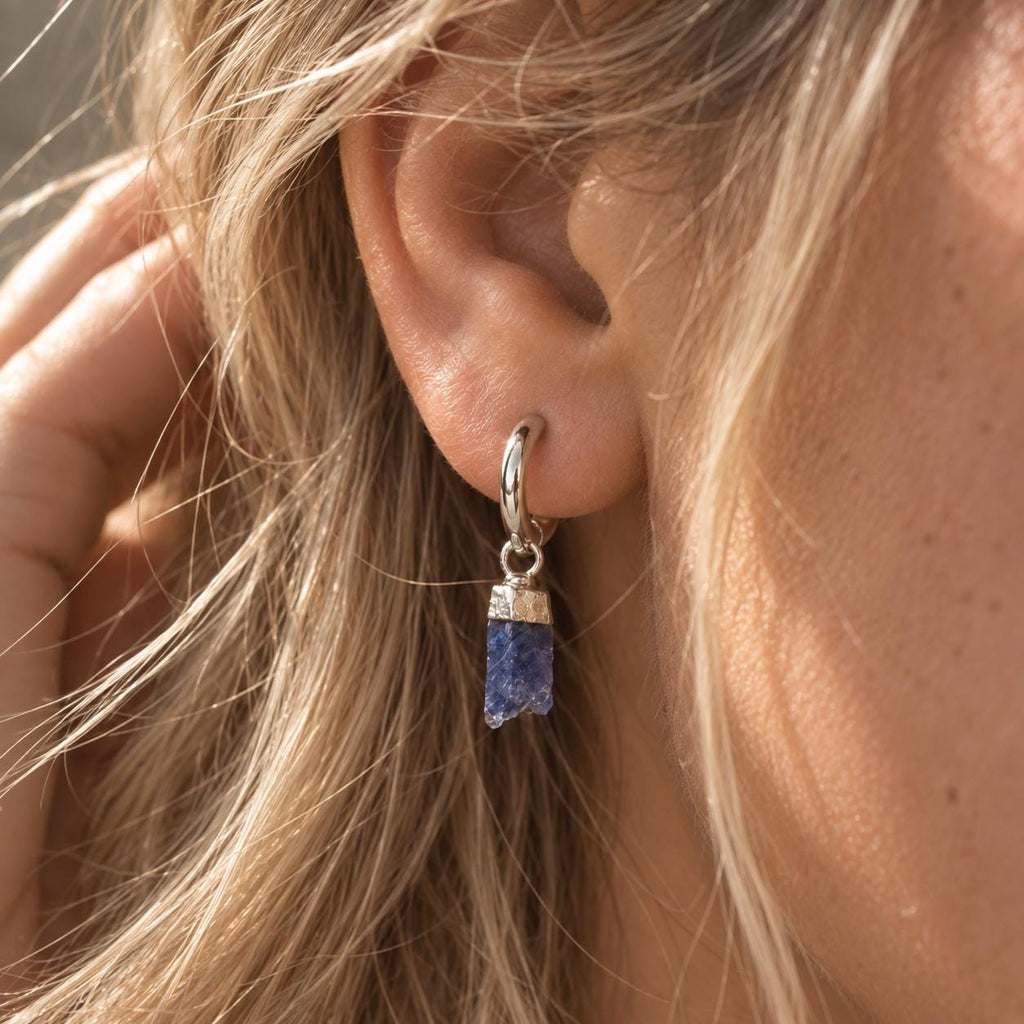Raw Sapphire Huggie Earrings | September Birthstone Earrings | Gold or Silver Hoops | Blue Gemstone Earrings | Dainty Sapphire Earrings