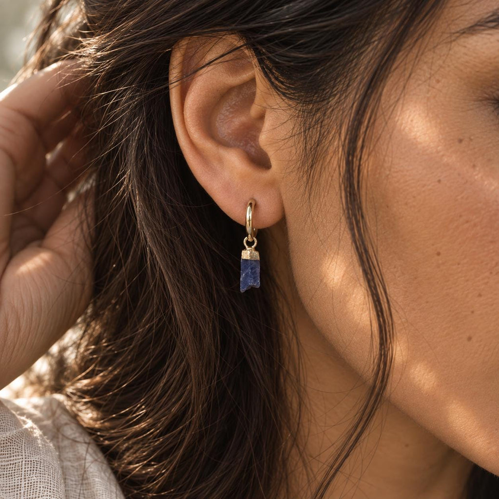 Raw Sapphire Huggie Earrings | September Birthstone Earrings | Gold or Silver Hoops | Blue Gemstone Earrings | Dainty Sapphire Earrings