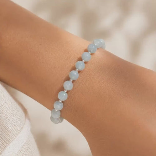 Aquamarine Bracelet • March Birthstone Bracelet • Natural 6mm Milky Aquamarine Gemstone Beaded Bracelet • Something Blue Gift for Her