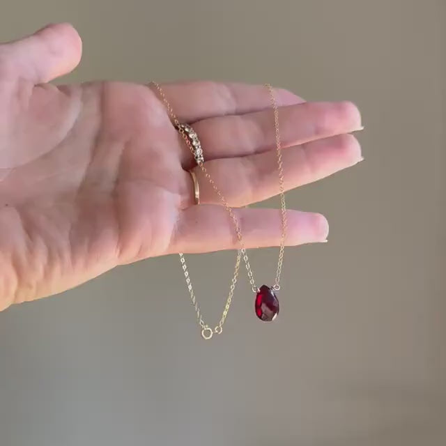 Garnet Teardrop Necklace, January Birthstone Jewelry, Minimalist Red Gemstone Necklace, Gift for Her