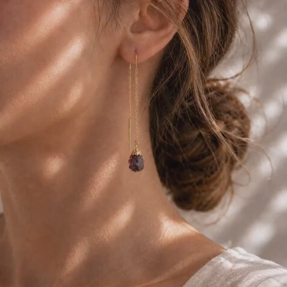 Raw Garnet Threader Earrings | January Birthstone Earrings | Natural Garnet Jewelry | Red Gemstone Dangle Earrings